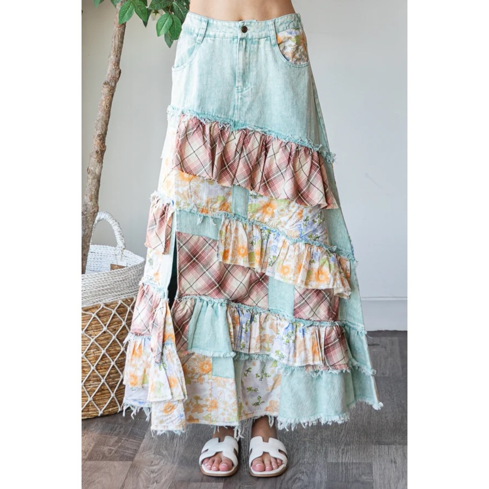 Oli & Hali Floral + Plaid Patchwork Ruffled Denim Maxi